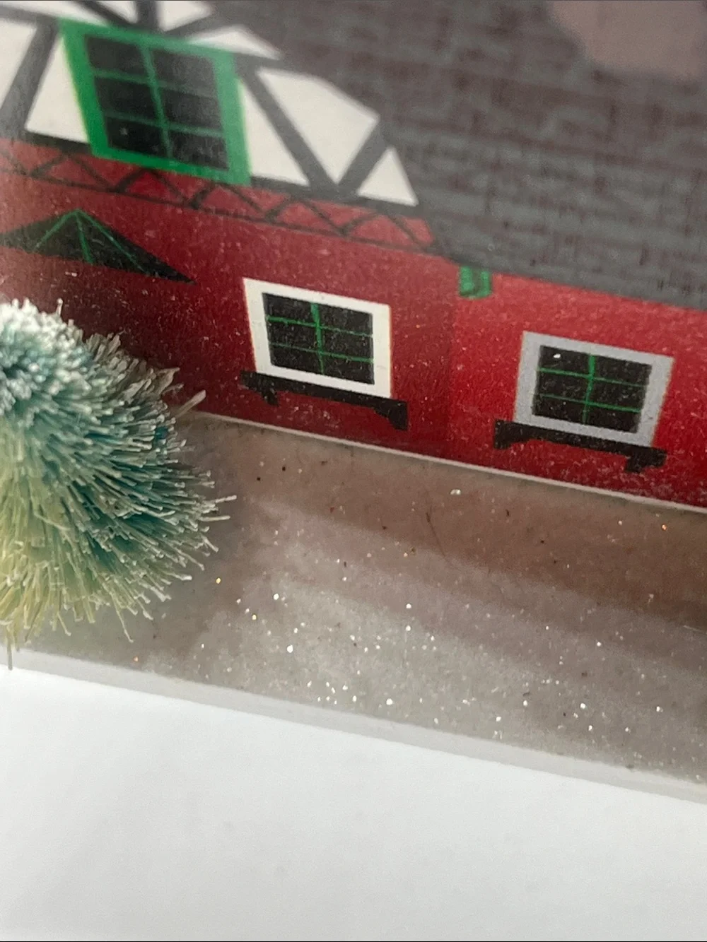 Holiday Red Wooden House Ornament with Green Trees